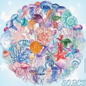 50 Colorful Seashells Underwater Life Stickers Starfish Coral Jellyfish